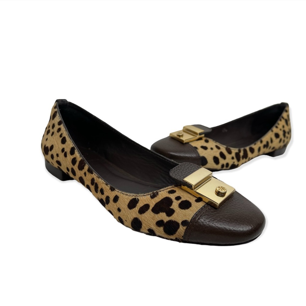 Tory Burch Priscilla Ballet Hair Calf Tumbled Leather Flat Cheetah Coconut Sz 8